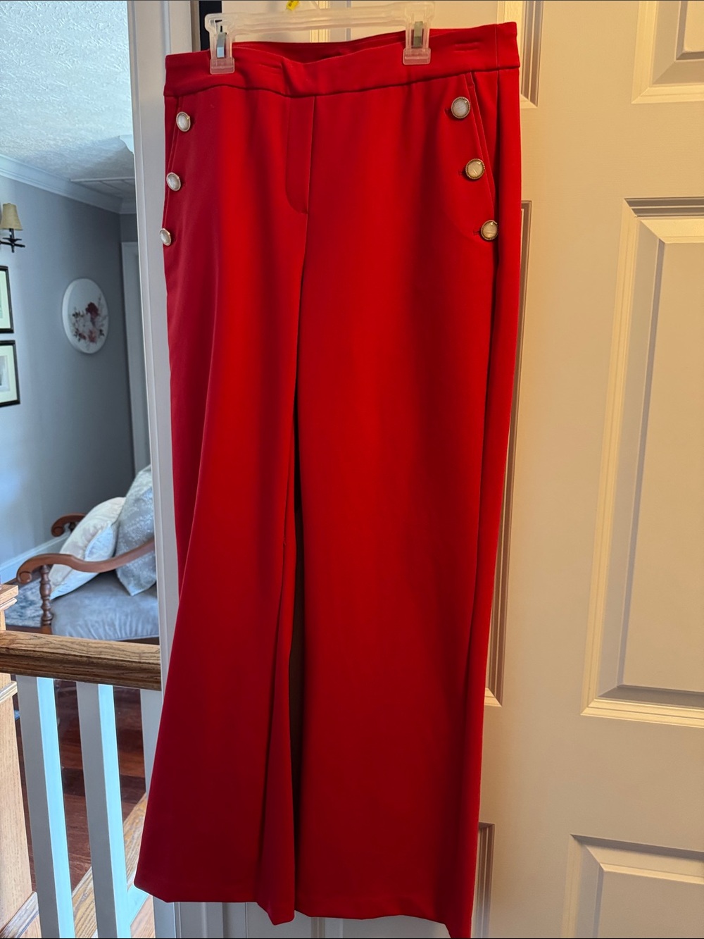 Classic Red Wide-Leg Trousers with Button Accent